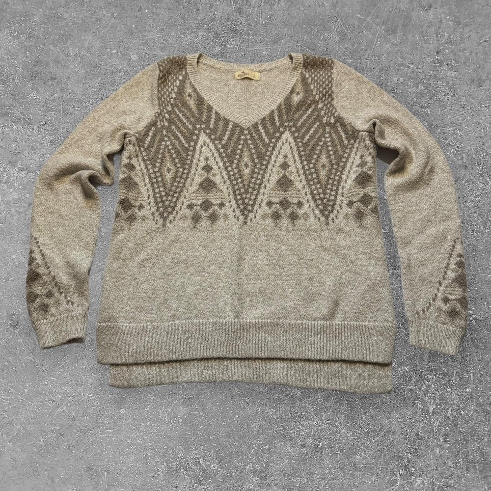 Hollister Co Womens Gray Brown Geometric V-Neck Sweater Size L